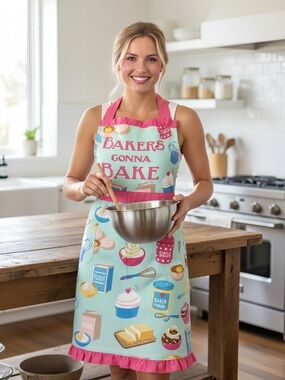 Retro Inspired Aqua and Pink Cotton Kitchen Apron